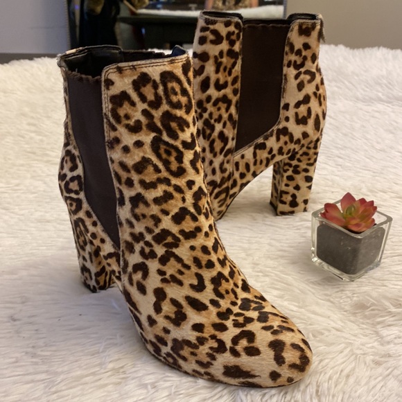 Sam Edelman | Anthropologie Animal print Fur Chelsea Ankle Bootie heel women 7.5 - Picture 5 of 11